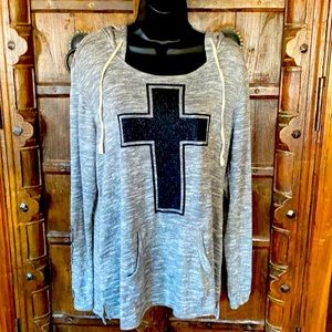 No Boundaries Grey Hoodie Size XL lace lower sleeves Black Cross